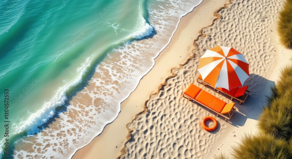 Obraz premium Aerial view of sandy beach with turquoise water, waves. Two orange loungers, white-and-orange umbrella on beach. Relaxation, summer vacation concept. Sunny day. Perfect for travel tourism