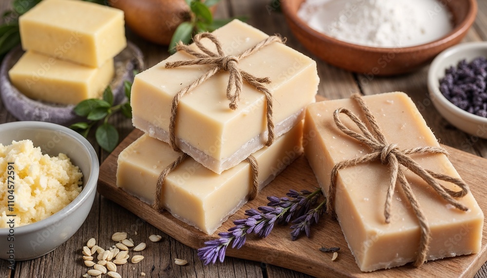 Stack of natural handmade soap bars tied with twine, surrounded by dried lavender, shea butter, and eco-friendly ingredients on a wooden surface, ideal for organic skincare promotions. Stack of natural handmade soap bars tied with twine, surrounded by dried lavender, shea butter, and eco-friendly ingredients on a wooden surface, ideal for organic skincare promotions.