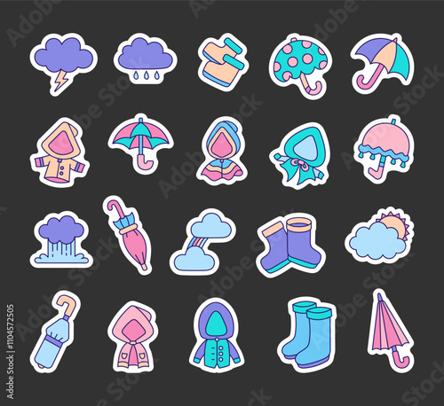 Set of rainy season collection featuring raincoats, umbrellas, rubber boots, clouds, raindrops, waterproof equipment, and weather protection illustrations