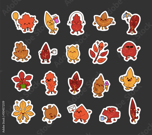 Set autumn leaf characters holding items showing emotions expressing joy happiness creativity fun cheerful cute kawaii cartoon style designs