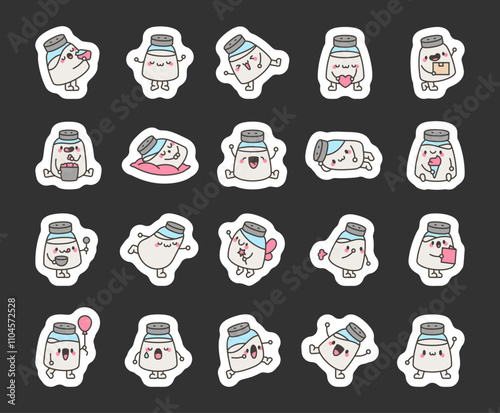 Cute kawaii salt shaker characters set featuring adorable expressions, fun poses for happy and joyful illustrations in food and spice related concepts