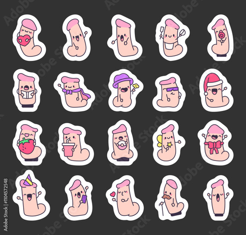 Set of cute kawaii cartoon dildo characters with different emotions, poses, funny accessories, items, joyful activities, adorable features, and unique expressions for creative design