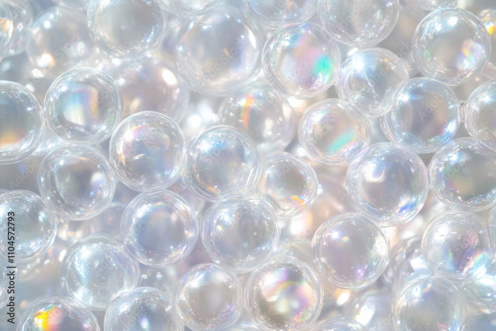 Transparent bubble texture, iridescent spheres with light rainbow reflections against a blurred background Transparent bubble texture, iridescent spheres with light rainbow reflections against a blurred background