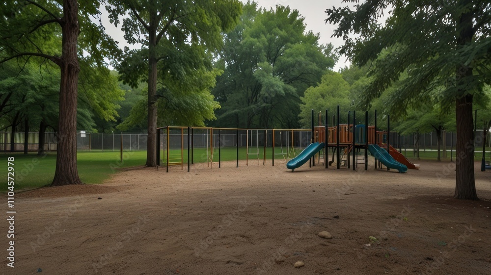 Empty playground with slides and swings in a park. Empty playground with slides and swings in a park.