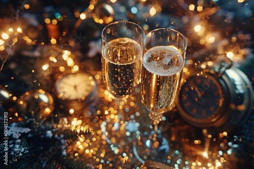 Two elegant champagne glasses filled with bubbly sit among festive decorations, sparkling lights, and a vintage clock, evoking a joyful celebration atmosphere during a New Year's gathering