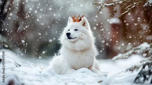 Adorable Samoyed sitting gracefully in the snow wearing a delicate crown, exuding a royal and serene charm in a winter wonderland scene.