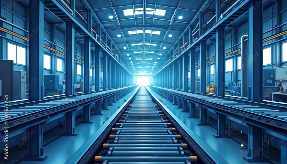 Modern industrial factory interior shows advanced conveyor belts. Efficient manufacturing process with blue steel machinery. Automated production line stretches through spacious facility. Logistics Modern industrial factory interior shows advanced conveyor belts. Efficient manufacturing process with blue steel machinery. Automated production line stretches through spacious facility. Logistics