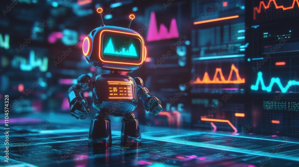 Cute Robot Character with Neon Colors in a Digital Environment