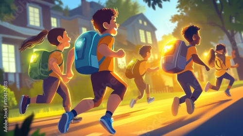 Children Running Home from School in Bright Afternoon Sunlight