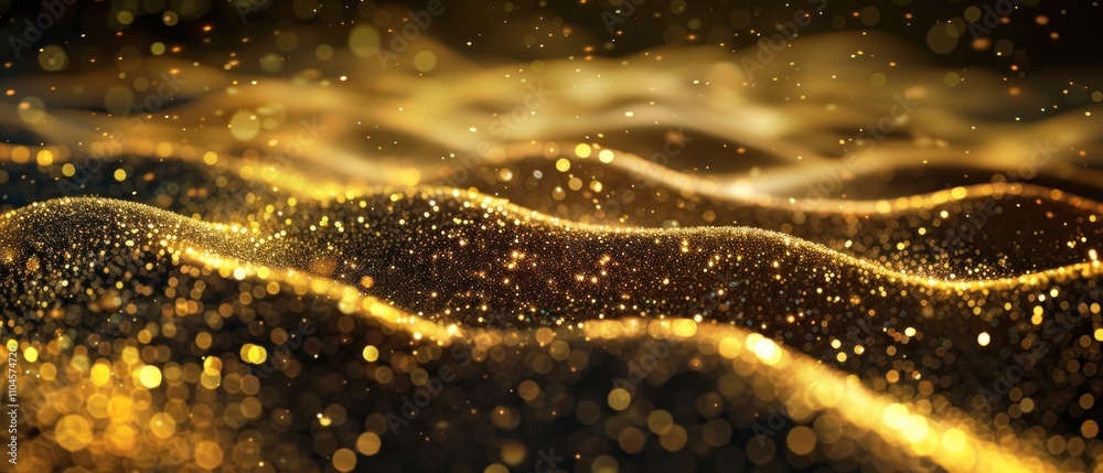 A shimmering landscape of golden waves and sparkling particles. A shimmering landscape of golden waves and sparkling particles.