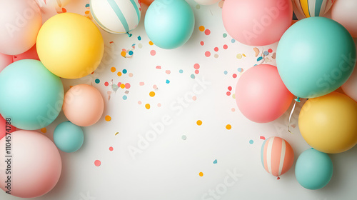 Minimalist pastel birthday balloons and shiny confetti, arranged stylishly on a white background for a sleek, modern party look.