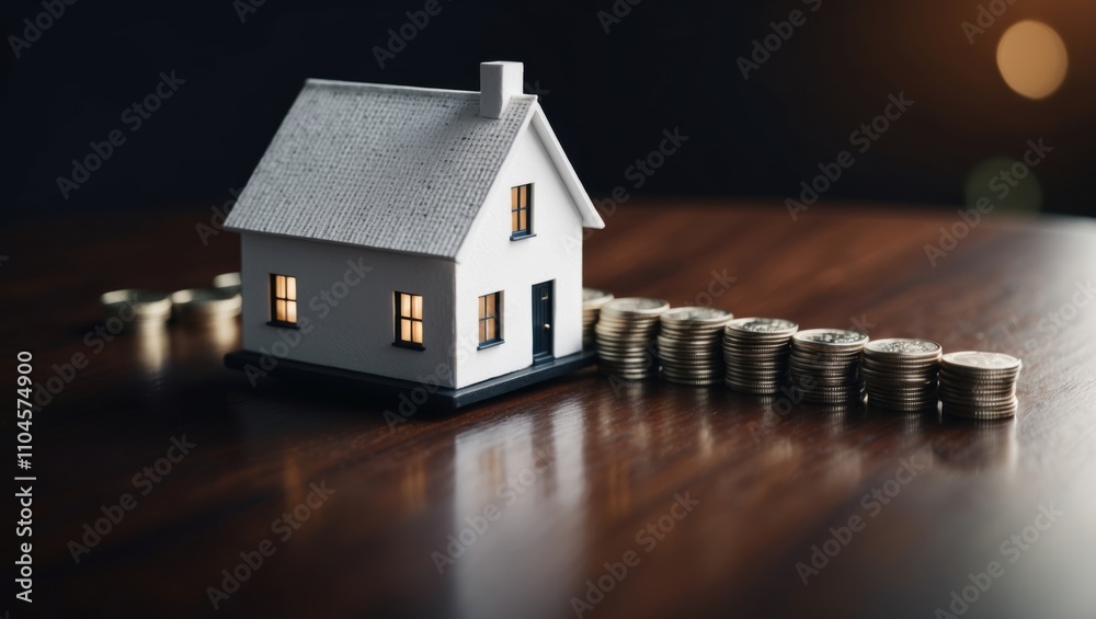 Model house surrounded by stacks of coins on a wooden surface, symbolizing home investment and financial growth Model house surrounded by stacks of coins on a wooden surface, symbolizing home investment and financial growth