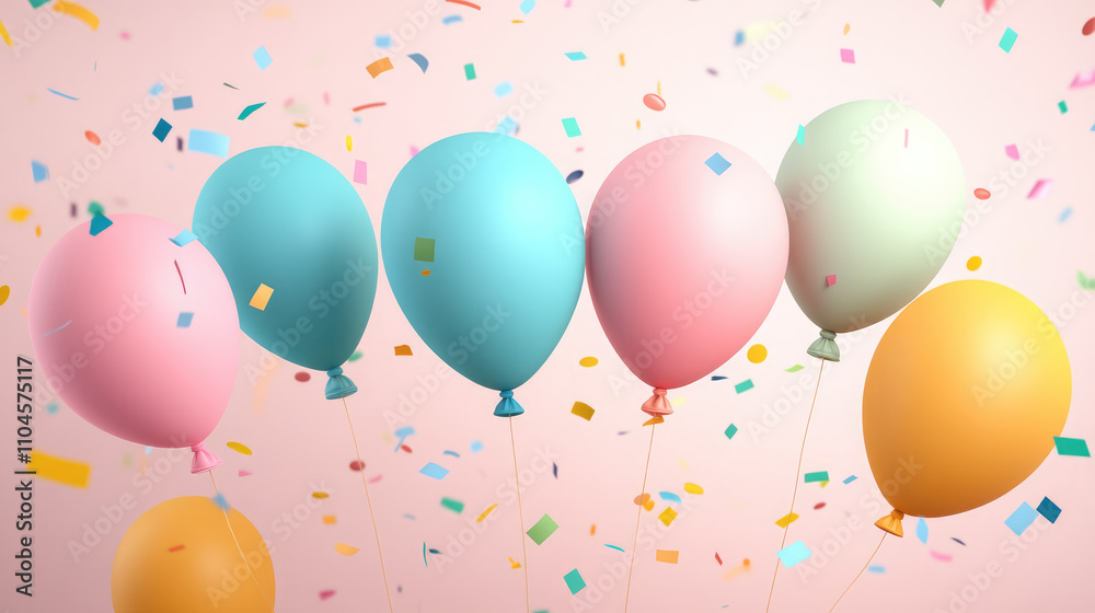 Soft pastel-colored metallic 3D birthday balloons drifting upward, with glossy ribbons adding a touch of sophistication to a minimalist celebration scene. Soft pastel-colored metallic 3D birthday balloons drifting upward, with glossy ribbons adding a touch of sophistication to a minimalist celebration scene.