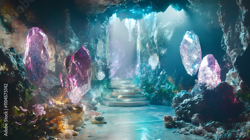 Clear glass stage inside a mystical gem encrusted cavern. Mystical. Illustration photo