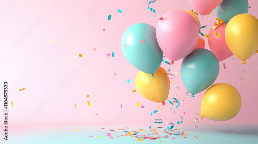 Metallic 3D-rendered birthday balloons in soft pastel shades floating gracefully in the air, with shiny ribbons trailing behind, creating a serene and minimalist celebration design. Metallic 3D-rendered birthday balloons in soft pastel shades floating gracefully in the air, with shiny ribbons trailing behind, creating a serene and minimalist celebration design.