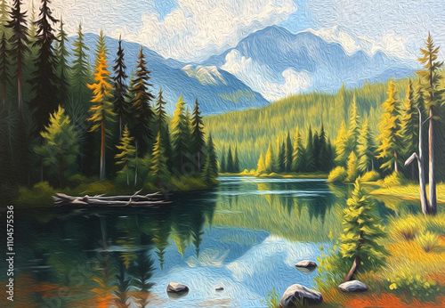 Landscape by the lake. Pattern for printing on wall decorations, fabrics, and for use in graphics.