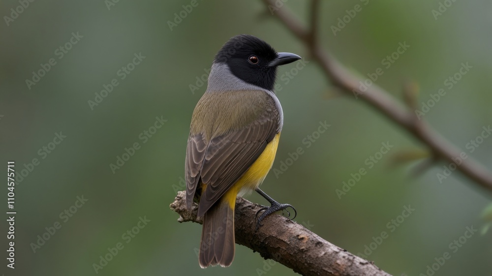 Obraz premium Small bird perched on branch, yellow belly, gray back, black head.
