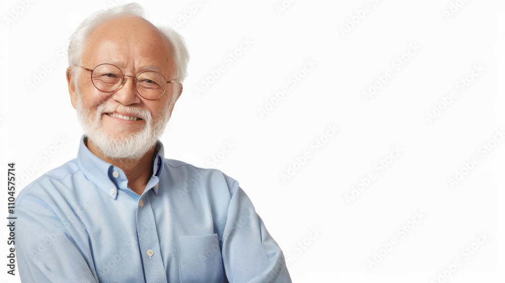 A serious senior Asian man gazes intently at the camera, showcasing his wisdom and life experiences against a white backdrop. A serious senior Asian man gazes intently at the camera, showcasing his wisdom and life experiences against a white backdrop.