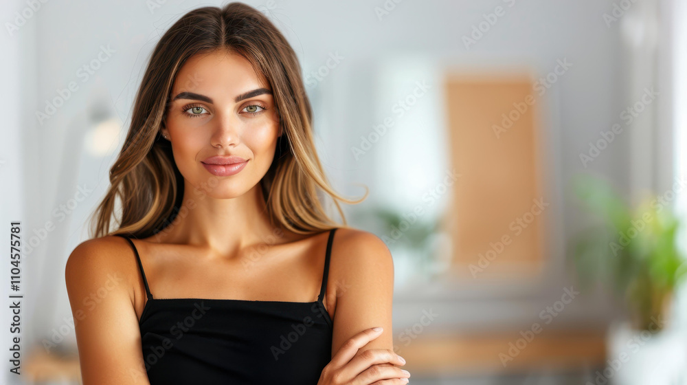 Fototapeta premium Confident businesswoman stands tall in her office, exuding success with arms crossed, ready to take on challenges.