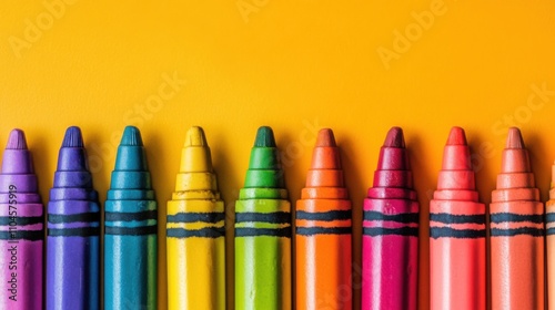 Brightly Colored Crayons Arranged in a Row on Yellow Background