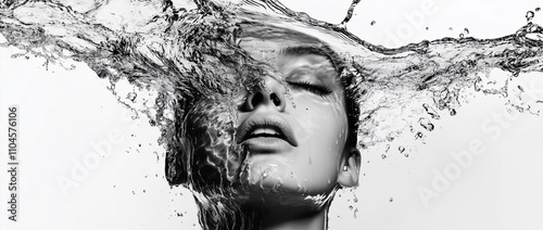 21:9 Aspect Ratio Abstract Photo of Woman with Flowing Hair in a Dreamlike, Wind-Swept Monochrome Portrait