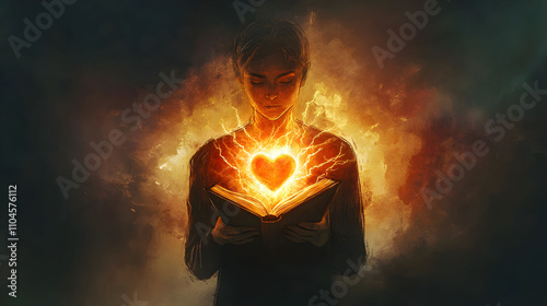 Person Reading Book With Fiery Heart Inside