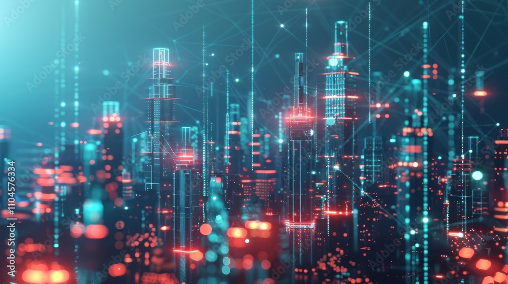 Fototapeta premium Abstract digital cityscape with glowing structures and interconnected data lines.