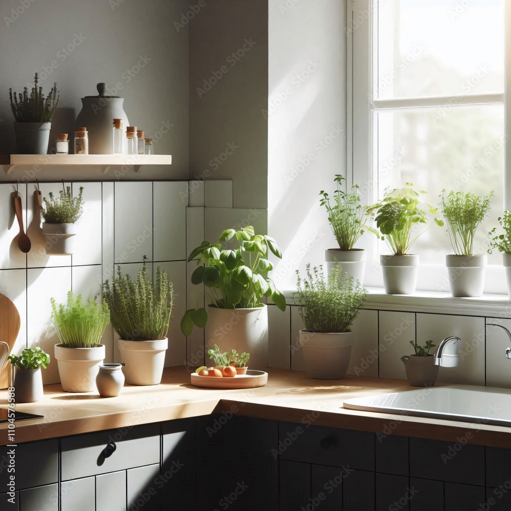 Minimalist kitchen with fresh herbs growing in small pots on the windowsil