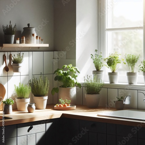 Minimalist kitchen with fresh herbs growing in small pots on the windowsil