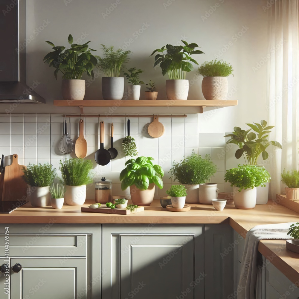 Minimalist kitchen with fresh herbs growing in small pots on the windowsil Minimalist kitchen with fresh herbs growing in small pots on the windowsil