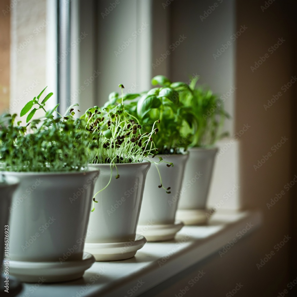 Minimalist kitchen with fresh herbs growing in small pots on the windowsil Minimalist kitchen with fresh herbs growing in small pots on the windowsil