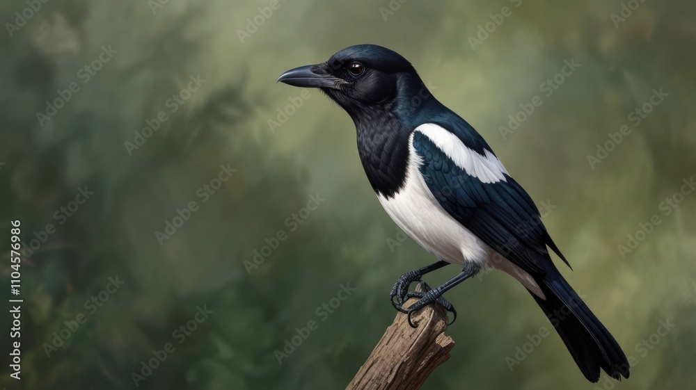 Detailed illustration of a magpie perched on a branch. Detailed illustration of a magpie perched on a branch.