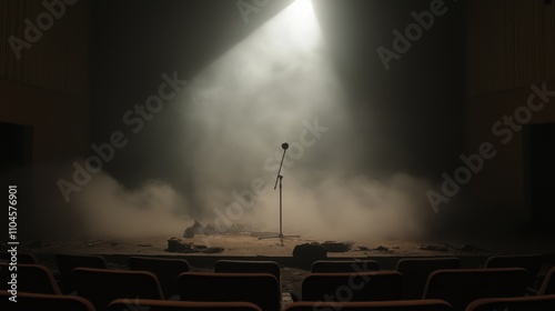 Abandoned theater with decayed seats and collapsed stage - haunting atmosphere for creative design photo