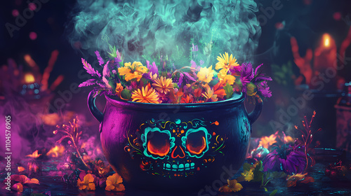 A mystical cauldron simmering with herbs, set for day of the dead (dia de los muertos) celebrations, perfect for enhancing themed events and decorations. Mystical. Illustration photo