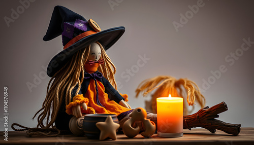 Concept of pagan magic, voodoo. Magical handmade doll .Witchcraft with a doll isolated with white highlights, png photo