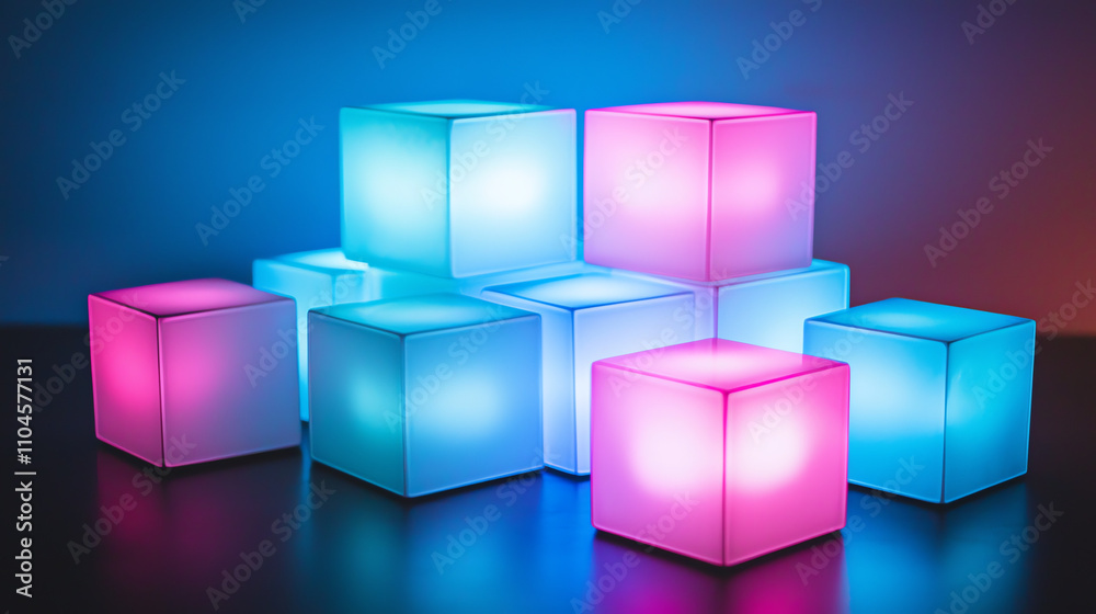 Cubes glowing softly in cyan and magenta create a serene atmosphere in a dimly lit space Cubes glowing softly in cyan and magenta create a serene atmosphere in a dimly lit space