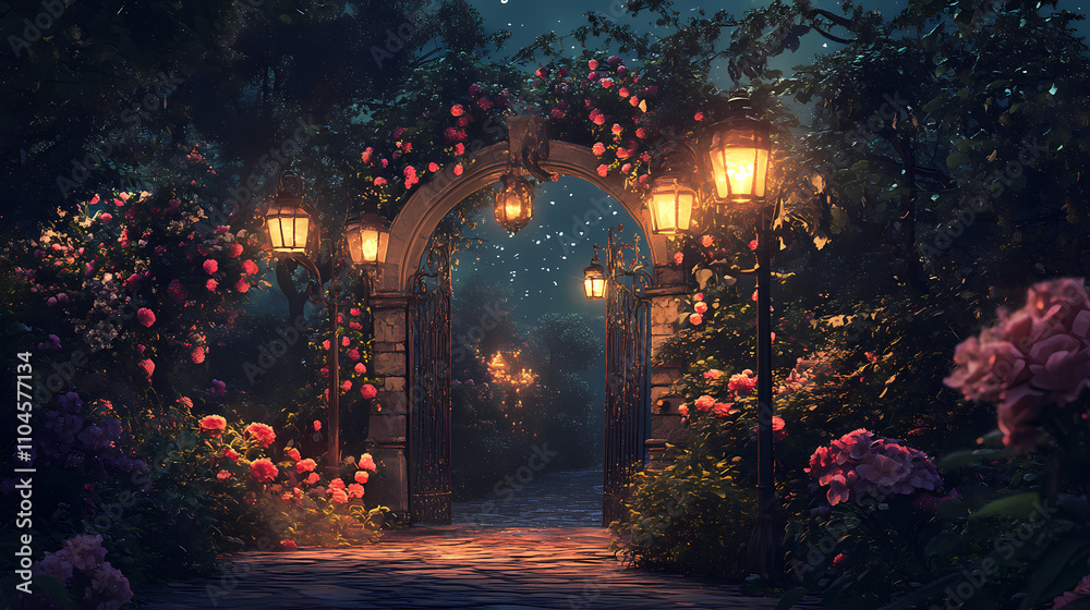 A mystical garden illuminated by lanterns with blooming flowers and an arched gate under a serene night sky. Mystical. Illustration A mystical garden illuminated by lanterns with blooming flowers and an arched gate under a serene night sky. Mystical. Illustration
