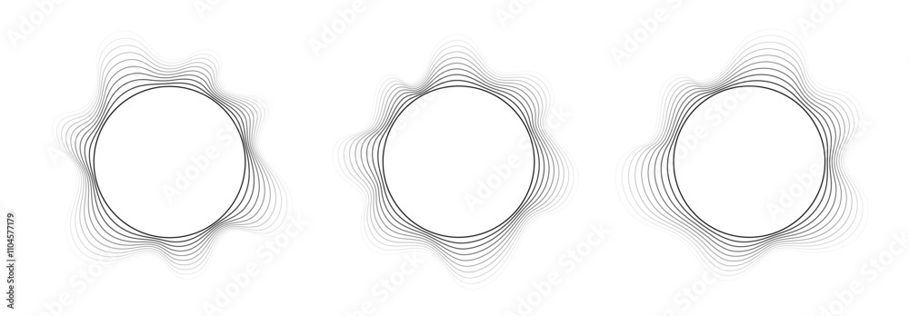 Round sound wave frames, circular lines pattern, radial curvy shapes, geometric concentric design. Vector illustration.