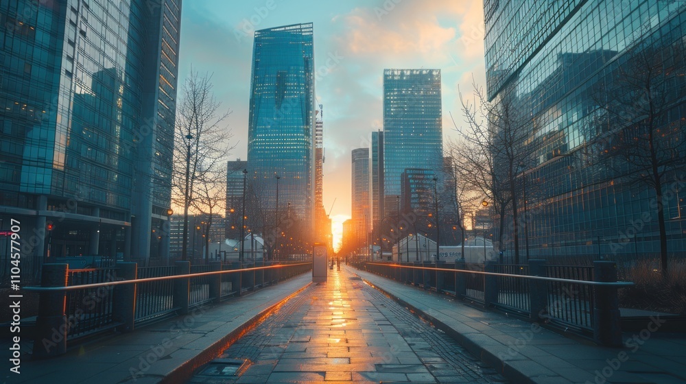 Obraz premium City sunrise, skyscrapers, urban pathway.