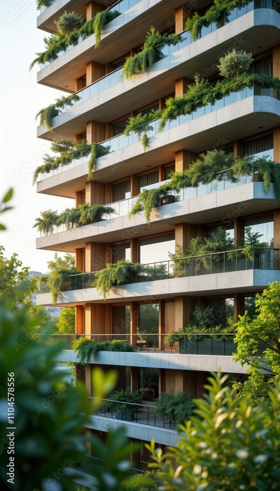 Modern eco-friendly office building with balconies featuring gardens ...