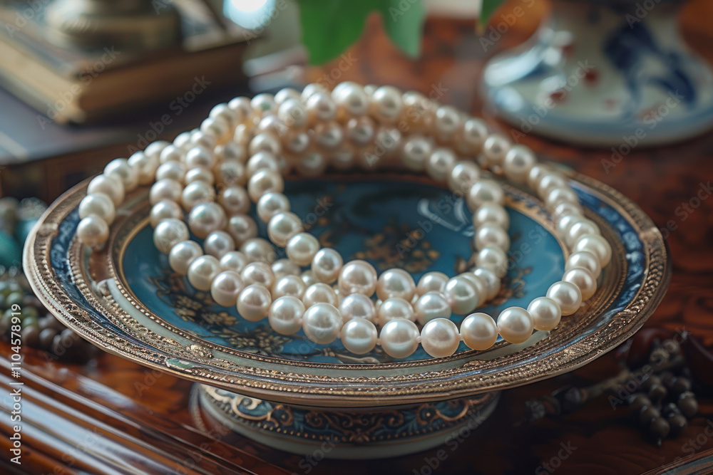 pearl beads neatly arranged on an elegant saucer with vintage-style ornaments. pearl beads neatly arranged on an elegant saucer with vintage-style ornaments.