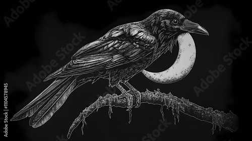 A black and white illustration of a raven perched on a branch with a crescent moon behind it, detailed feathers, mystical atmosphere, high contrast, minimalist style. photo