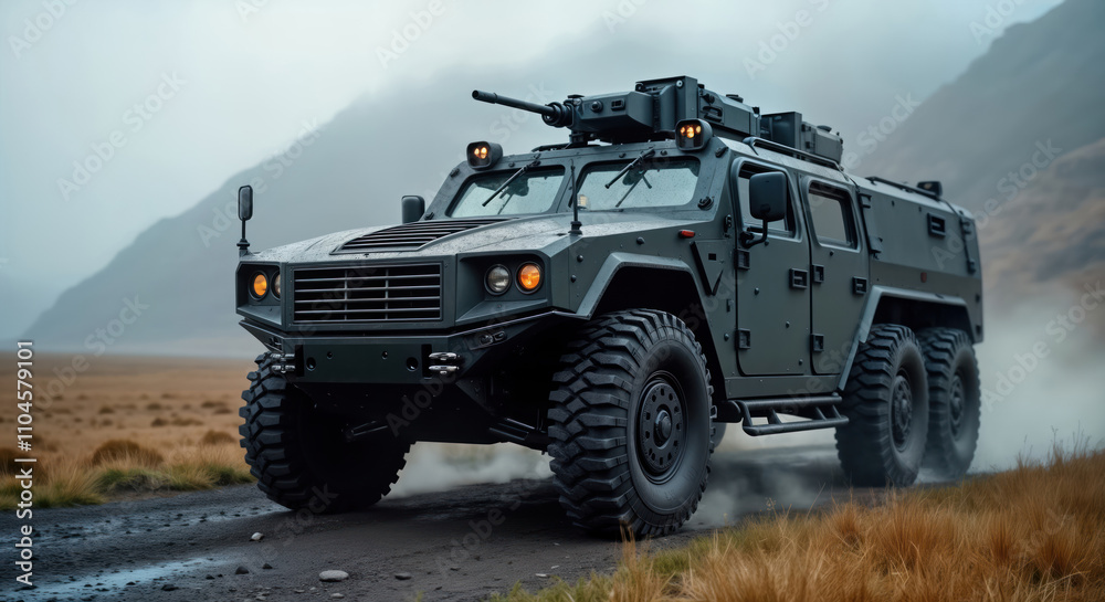 Military armored vehicle moves on rugged terrain. Powerful military transport drives through dusty field. Modern tactical vehicle designed for protection, support. Grey armored car large wheels. Military armored vehicle moves on rugged terrain. Powerful military transport drives through dusty field. Modern tactical vehicle designed for protection, support. Grey armored car large wheels.