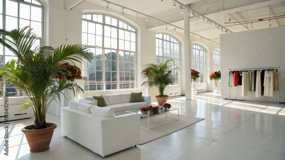 Modern Fashion Photography in a Bright Open Room with White Furniture and Potted Plants