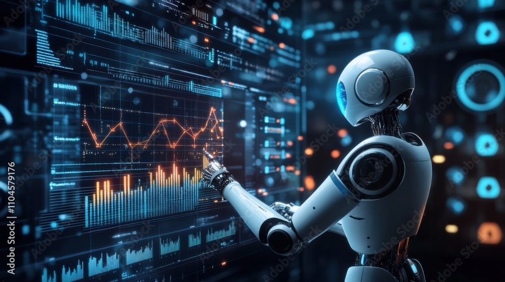 Futuristic Robot Analyzing Data on High-Tech Digital Interface Futuristic Robot Analyzing Data on High-Tech Digital Interface
