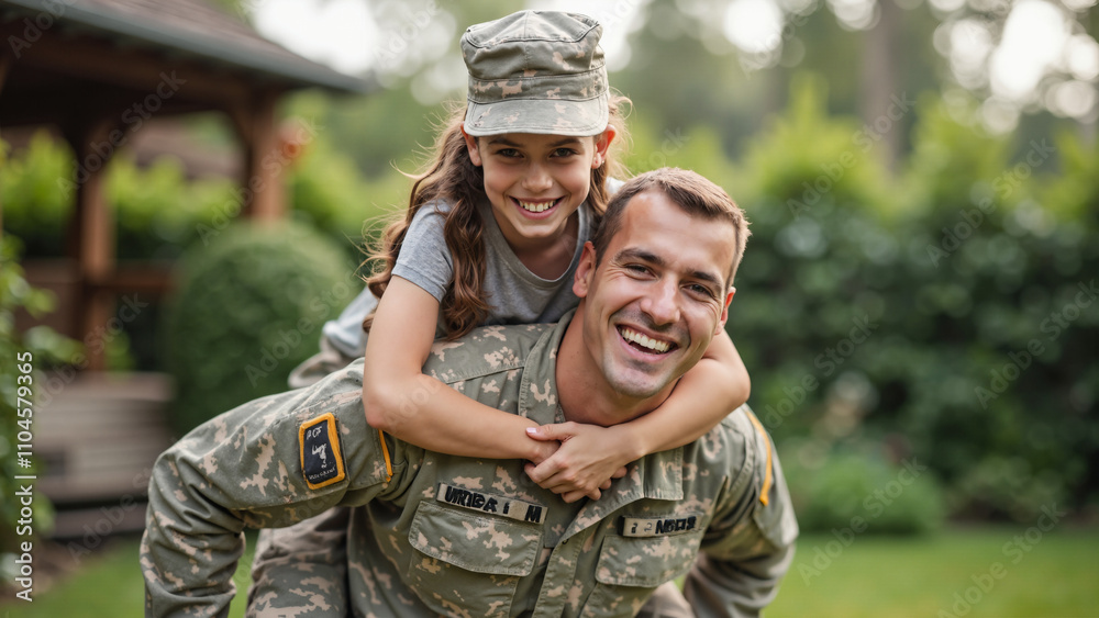 Army father reunites with daughter in garden: Emotional homecoming scene for military family ads or heartwarming news stories Army father reunites with daughter in garden: Emotional homecoming scene for military family ads or heartwarming news stories