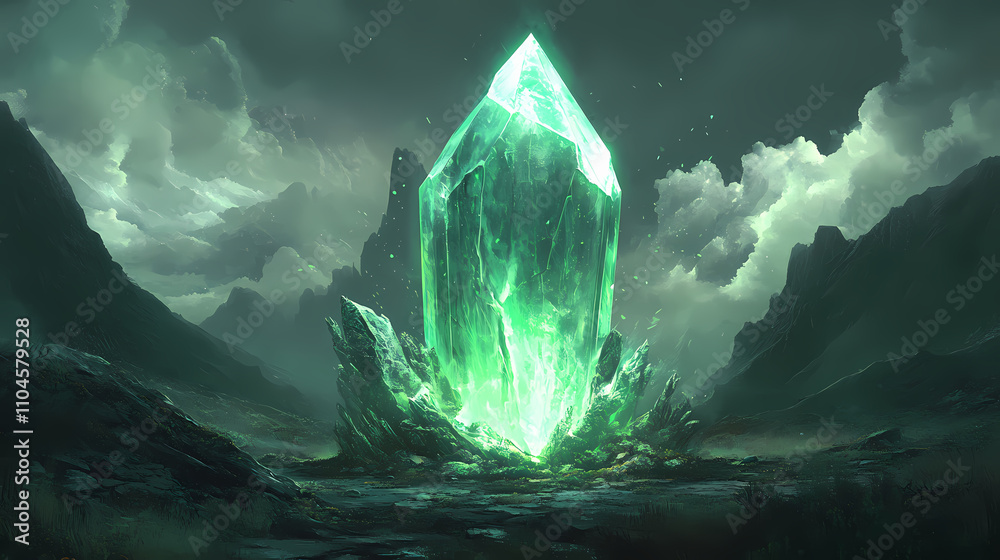 Obraz premium A glowing green crystal in a mystical landscape. Mystical. Illustration
