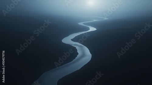 Mystical moonlit river flowing through foggy landscape - perfect for poster or card design photo