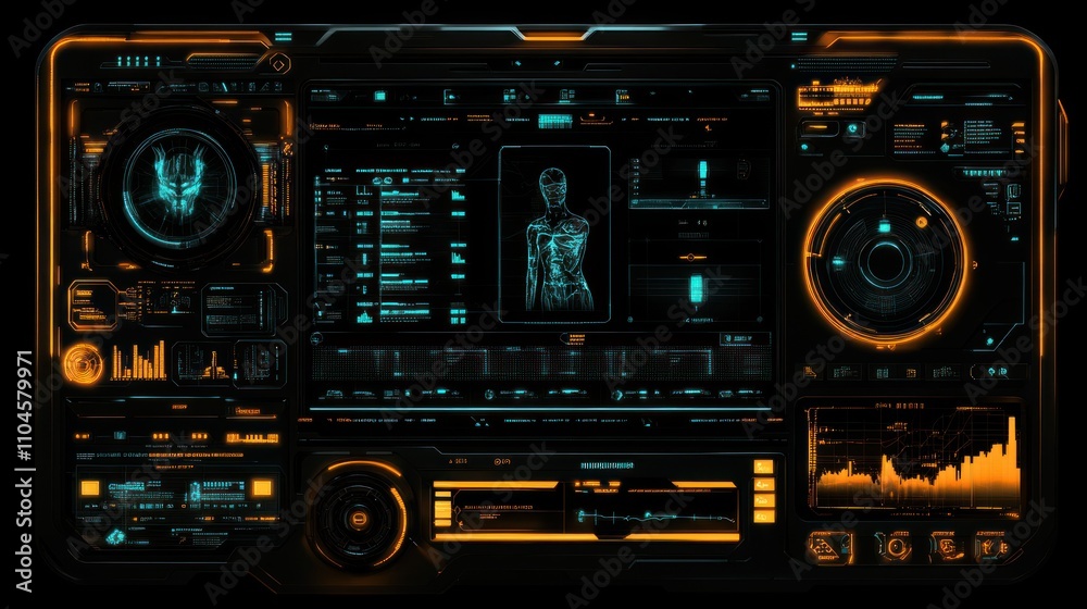 Fototapeta premium Futuristic interface displaying data and holographic representation of a humanoid figure.