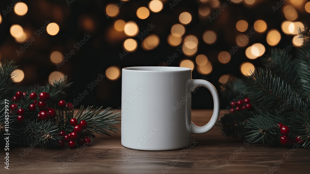 Fototapeta premium Plain white ceramic mug on a wooden table surrounded by festive greenery and soft lights